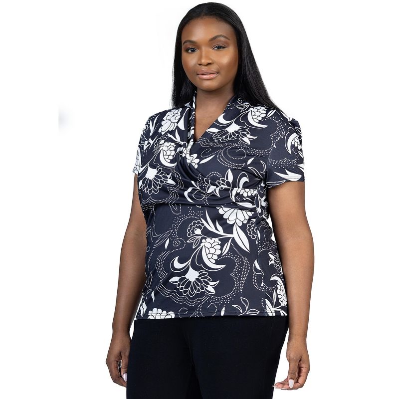 24seven Comfort Apparel Womens Plus Size Black and White Short Sleeve V Neck Wrap Top, 2 of 7