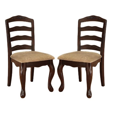 Simple Relax Set of 2 Upholstered Dining Chairs with Ladder Backrest in Dark Walnut and Tan
