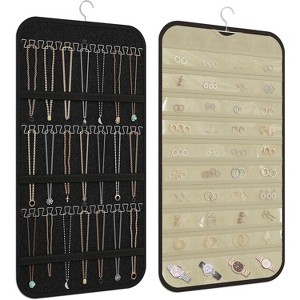 Double-Sided Hanging Jewelry Organizer with 40 Pockets & 36 Hooks, Wall Mounted Storage for Necklaces & Earrings, White Black and Beige - 1 of 4