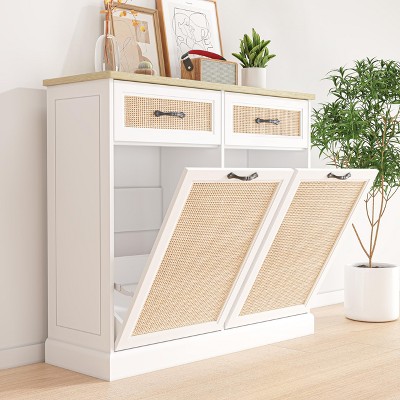 Rattan Double Trash Cabinet Tilt Out, Hidden Trash Can Cabinet with 20 Gallon Storage for Kitchen Dining Room