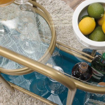 Satin Gold Coral Cape Bar Cart with Tempered Glass Shelves