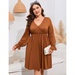 BLUEMING Plus Size Women Dress Faux Wrap V Neck Dress with Ruffle Cuff Bishop Sleeve Fall Midi Dress - 1 of 4