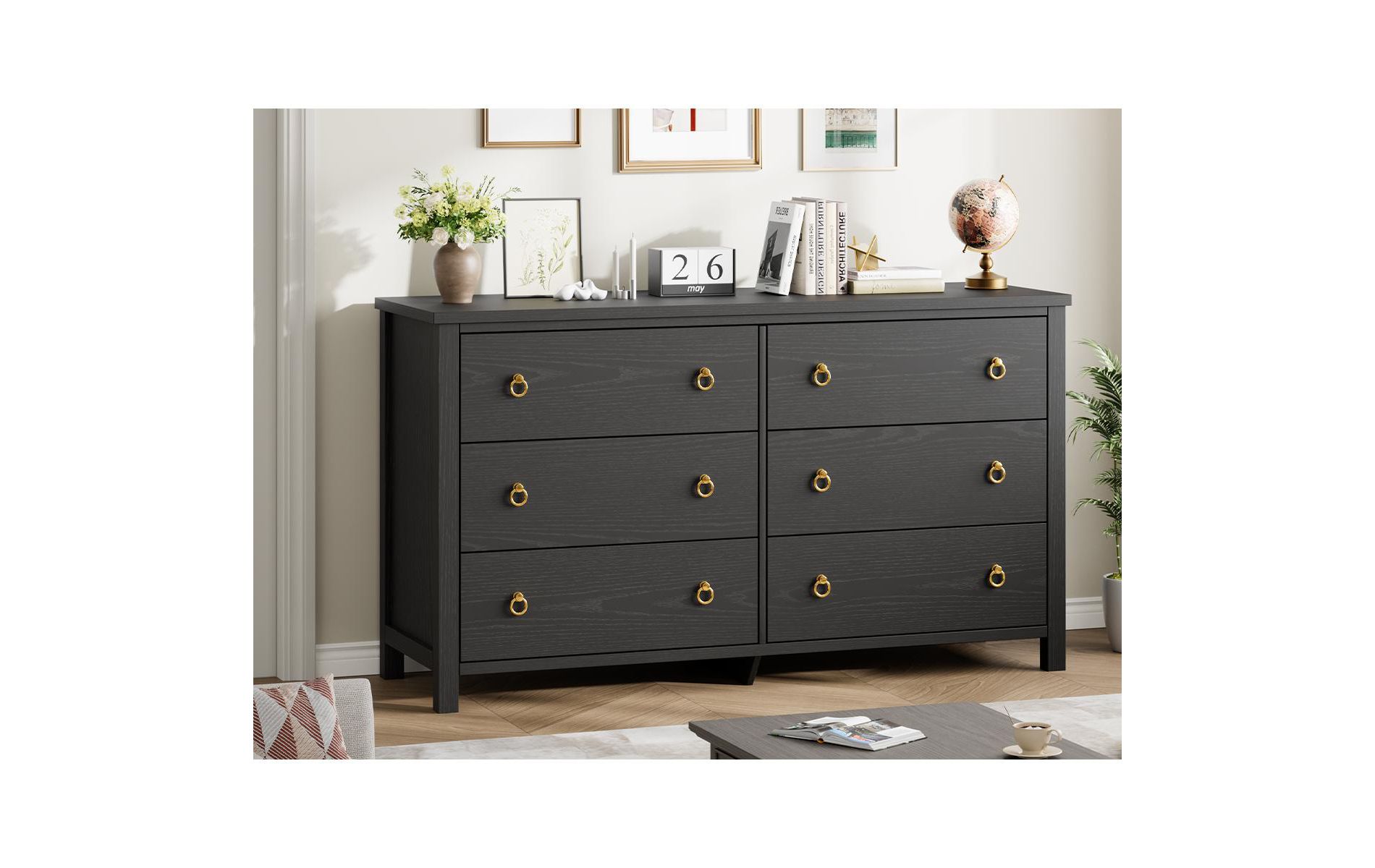 6 Drawer Dresser for Bedroom, 47'' Wide Dresser, Chest of Drawers, Wooden Dresser Chest with Clothes Storage Cabinet, Drawer Organizer, Black