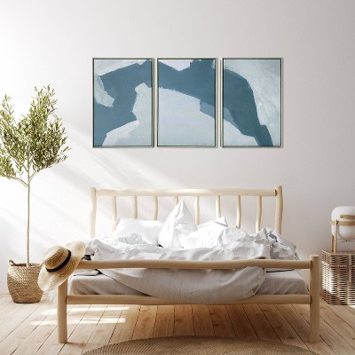48" x 24" Abstract Blues Triptych Canvas with Gold Frame