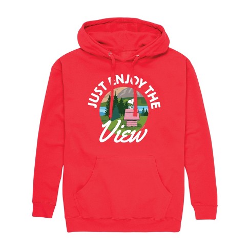 Men s Peanuts Snoopy Just Enjoy The View Graphic Fleece Pullover Hoodie Red Large Target