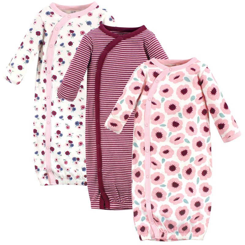 Touched by Nature Baby Girl Organic Cotton Side-Closure Snap Long-Sleeve Gowns 3pk, Blush Blossom, 1 of 3