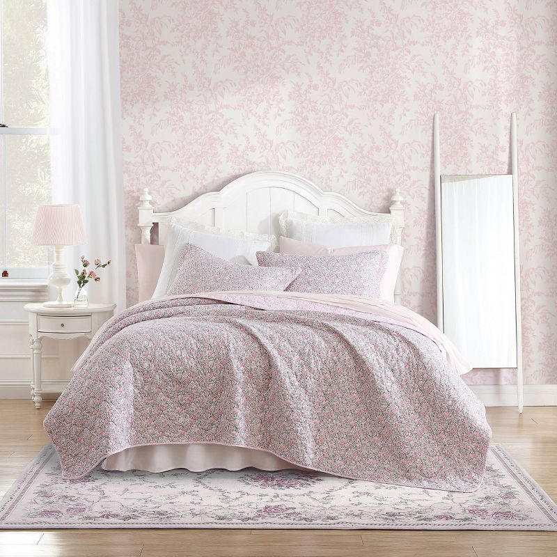 Laura Ashley Loveston 100% Cotton Quilt Bedding Set Pink, 1 of 12