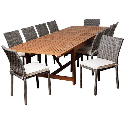 Angelo 11pc Patio Eucalyptus Wood Wicker Dining Set - Off White - International Home Miami