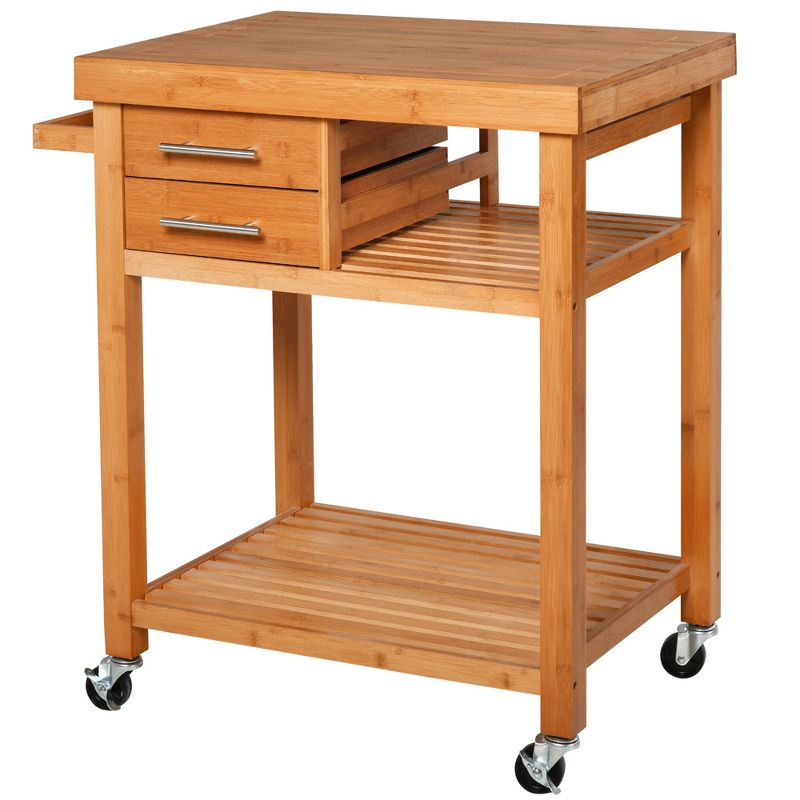 HOMCOM Bamboo Kitchen Island Cart on Wheels, Utility Trolley Cart with 2 Storage Drawers and Open Shelves, Natural, 1 of 7