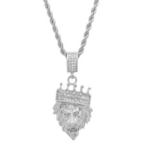 Steeltime 30" Men's stainless steel and simulated diamonds lion's head with crown pendant. Color Options: Silver, Gold, Black - 1 of 4