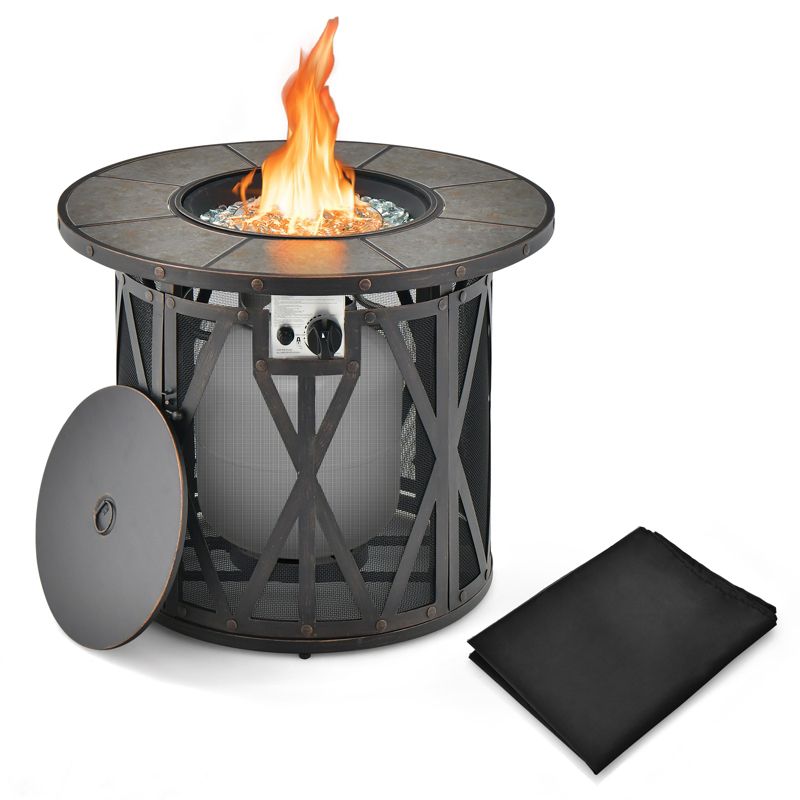 Tangkula 32 Inch Outdoor Fire Pit Table 30,000 BTU Round Metal Fire Table with Lid & PVC Cover & Glass Stones CSA Approved, 1 of 11
