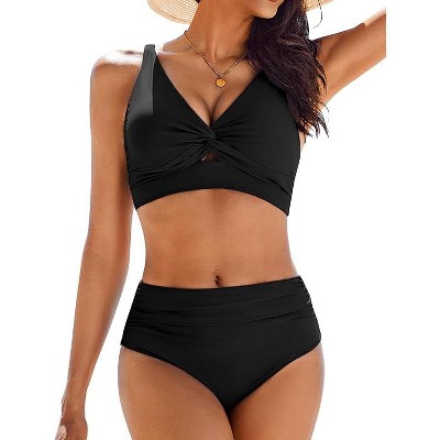 AI'MAGE Bikini Set for Women Ruched High Waisted Two Piece Swimsuit Twist Front Cut Out Adjustable Straps Bathing Suit