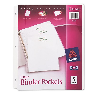 Avery Binder Pockets 3-Hole Punched 9 1/4 x 11 Clear 5/Pack 75243