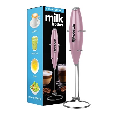 PowerLix Milk Frother Handheld Battery Operated Electric Whisk Foam Maker For Coffee With Stainless Steel Stand Included  - Light Pink