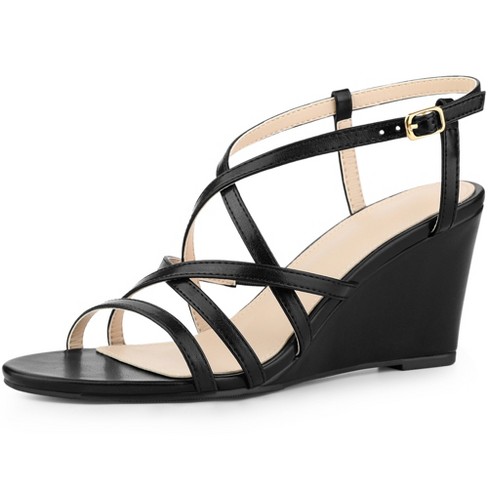 Perphy Women s Strappy Open Toe Crisscross Buckle Straps Wedges Sandals Black 7 Target