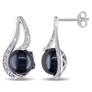 EVERLY JEWELRY | Sterling Silver 0.06 CT Diamond TW 9 - 9.5 MM Black Freshwater Cultured Pearl Fashion Post Earrings - 1 of 4