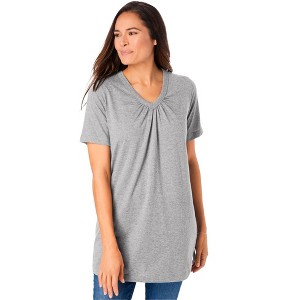 Woman Within Plus Size Perfect Short-Sleeve Shirred V-Neck Tunic - 1 of 4