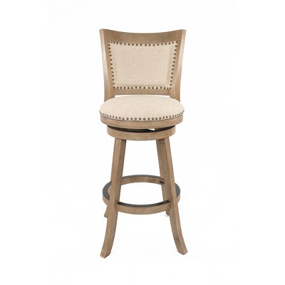 Driftwood Wire-Brush Swivel Barstool with Linen Upholstery and Brass Nailheads