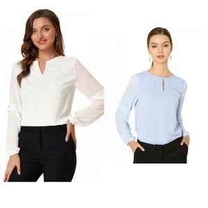 Allegra K Women's Chiffon Semi Sheer Keyhole Neck Elegant Work Blouse 2 Packs - 1 of 4