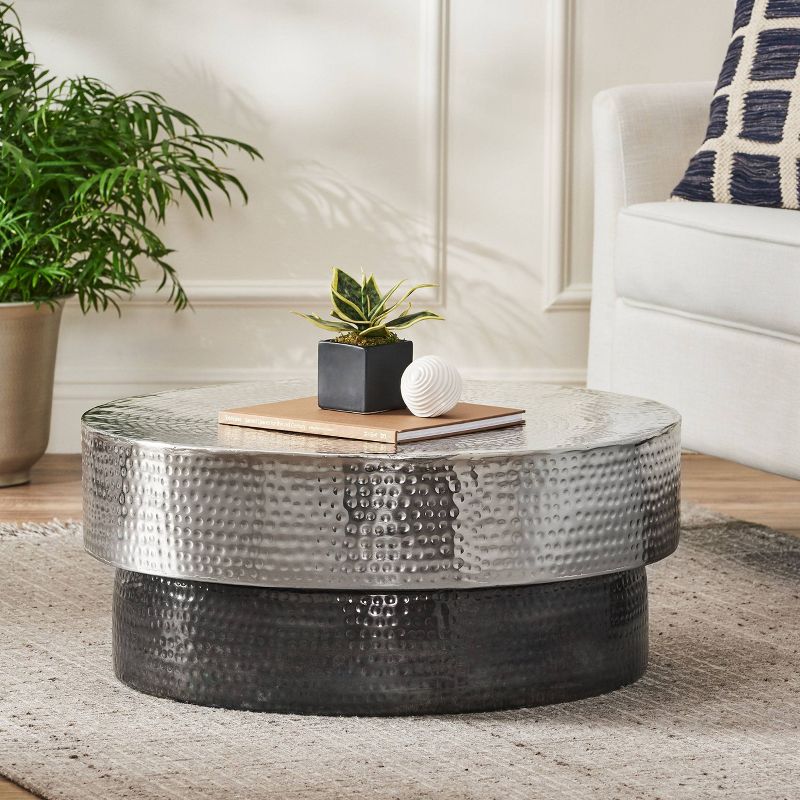 Thelen Modern Handcrafted Hammered Aluminum Two Toned Coffee Table Antique Pewter - Christopher Knight Home, 3 of 10