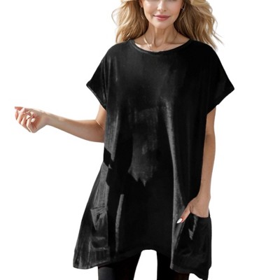 Amaryllis Women's Velvet Tunic with Asymmetrical Hem Round Neck Short Sleeves Loose Fit Side Pockets Comfortable