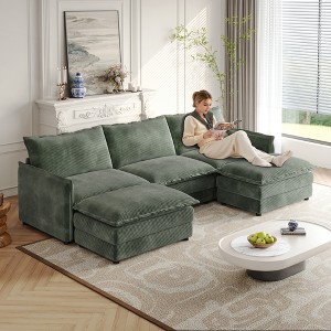 Oversized 109" Corduroy Cloud Modular U-Shaped Sectional Sofa with 2 Movable Ottomans and Dual-Layer Cushions - 1 of 4