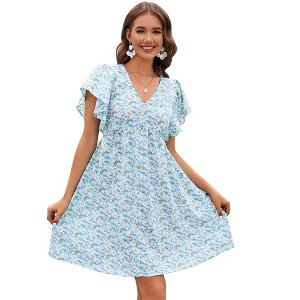 Women's Ruffle Babydoll Dress Short Sleeve V Neck High Waist Botton Casual Loose Flowy Swing Pleated Tunic Dress - 1 of 4
