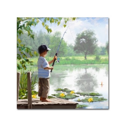 Boy Fishing Scenic Canvas Art in Green and Blue