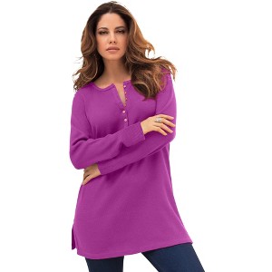 Roaman's Women's Plus Size Thermal Henley Tunic - 1 of 4