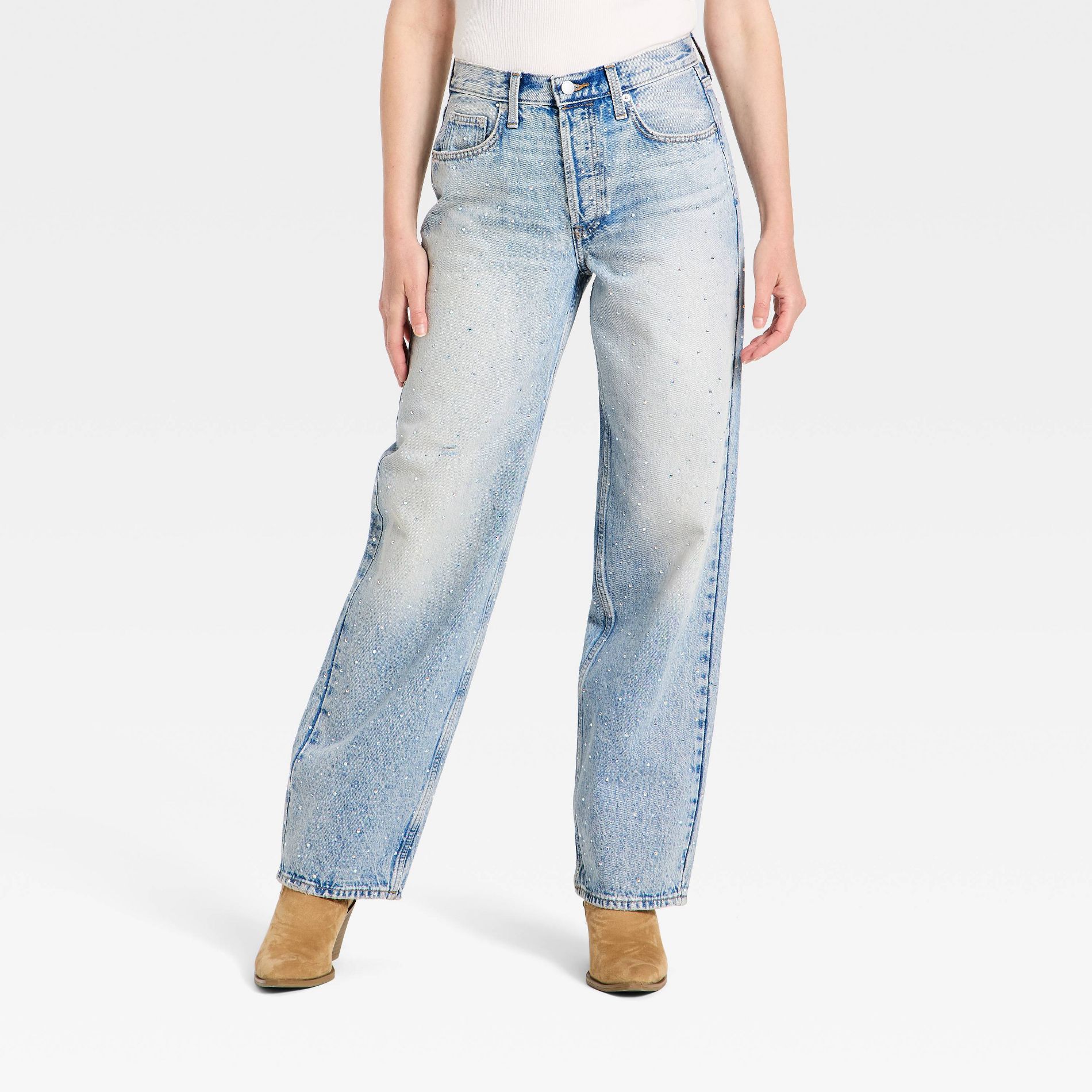 Women's Mid-Rise 90's Baggy Denim Rhinestone Jeans - Universal Thread™ Light Wash
