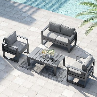 LayinSun 4 Pieces Aluminum Outdoor Patio Furniture Set, Metal Modern Conversation Sofa Set with Coffee Table and Washable Thick Cushions