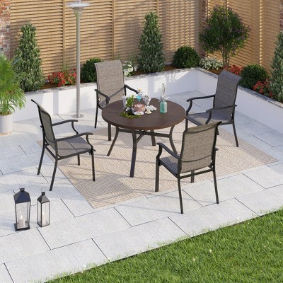 Captiva Designs 5pc Patio Dining Round Wood-look Table with Umbrella Hole & Assorted Cushioned/Textilene Chairs