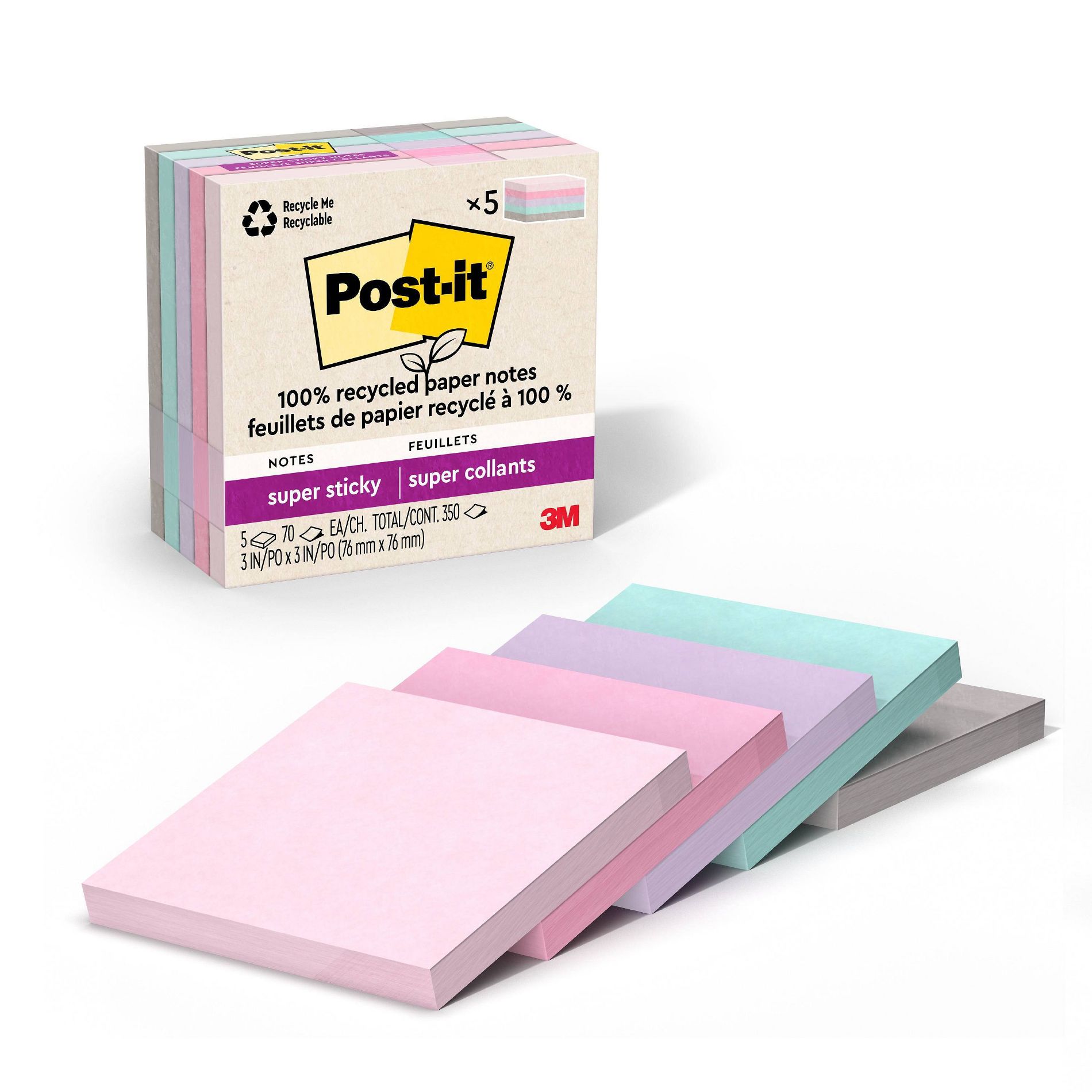 Post-it® 100% Recycled Paper Super Sticky Notes, 3 in. x 3 in., Wanderlust Pastels, 5 Pads/Pack, 70 Sheets/Pad: Multicolored Stationery, Uncoated