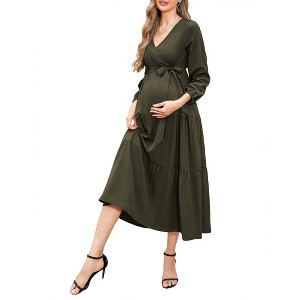 V-neck flared sleeve short sleeved long maternity dress - 1 of 1