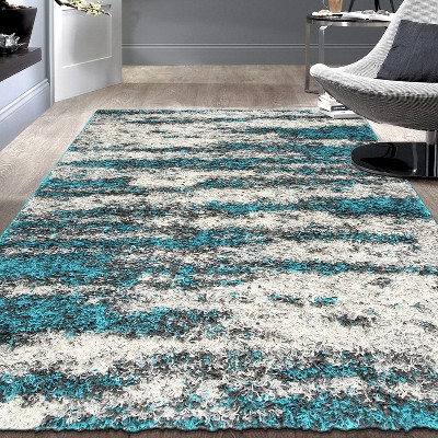 Turquoise Shag Abstract 5' x 7' Easy-Care Synthetic Area Rug