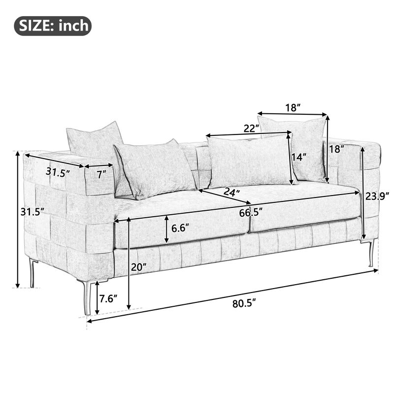 80.5" Modern Upholstered Sofa with Golden Metal Legs and 4 Pillows-ModernLuxe, 3 of 16