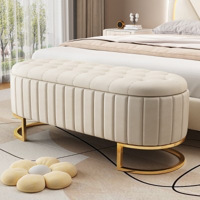 Mordern Velvet Upholstered Bedroom Bench,Button Tufted Upholstered Storage Bench,Storage Chest For End Of Bed With Metal Legs-Cuddlewood