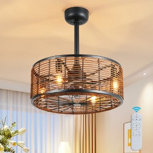 POWLIG 18.11-in - Bamboo and Rattan Woven Metal Frame Ceiling Fan Light Kit with Remote Control - 1 of 4