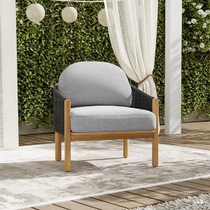 Acacia Wood Outdoor Club Chair with Rope Woven Backrest,Cushioned Patio Club Chair with Teak Finish, Modern Lounge Chair for Garden-Koiai - 1 of 4