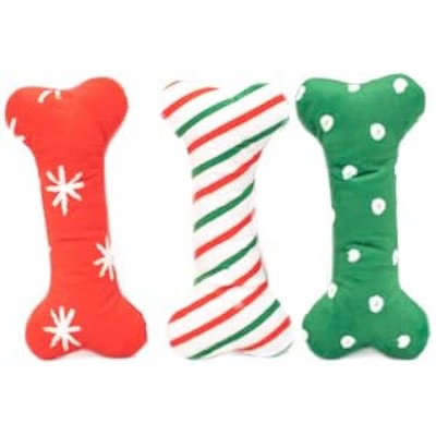 ZippyPaws - Holiday Patterned Bones - Soft Squeaker Plush Dog Bone Toy - Regular, 3 Pack