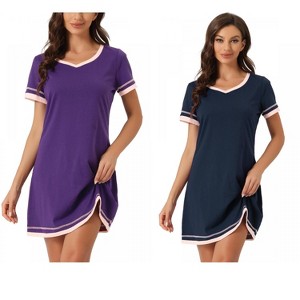 INSPIRE CHIC Women's 2 Pcs Short-Sleeve Nightshirt Color-Block V-Neck Sleepdress Set - 1 of 4