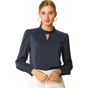 INSPIRE CHIC Women's Office Keyhole Elegant Stand Collar Long Sleeve Back Neck Button Blouse - 1 of 4
