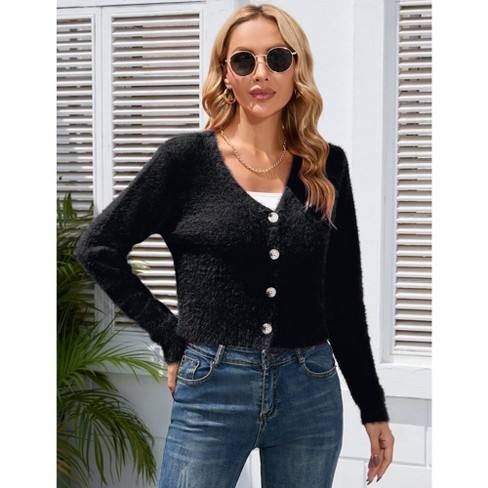 WhizMax Women's Cropped Cardigan V Neck Long Sleeve Soft Knit Rib Bolero  Shrugs Sweater Black XL