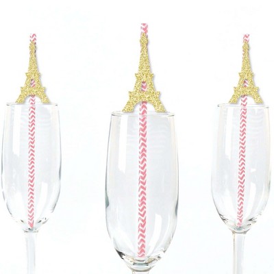 Big Dot of Happiness Gold Glitter Eiffel Tower Party Straws - No-Mess Real Glitter Cut-Outs & Baby Shower or Birthday Party Paper Straws - Set of 24