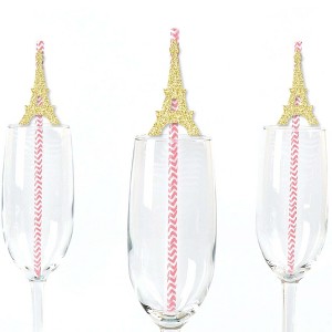 Big Dot of Happiness Gold Glitter Eiffel Tower Party Straws - No-Mess Real Glitter Cut-Outs & Baby Shower or Birthday Party Paper Straws - Set of 24 - 1 of 4