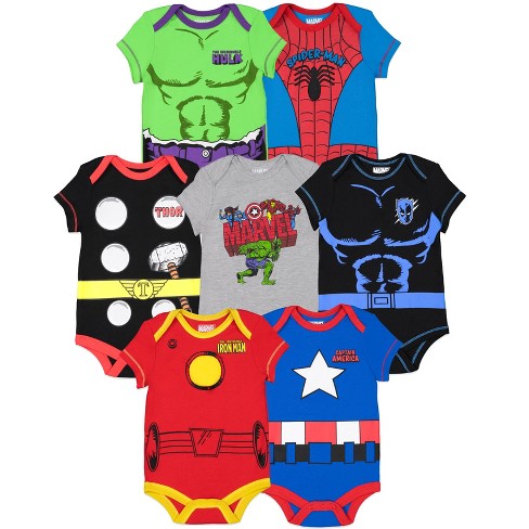 Marvel Avengers Black Panther Captain America Iron Man Hulk Thor Spider-Man  Newborn Baby Boys 7 Pack Bodysuits 0-3 Months