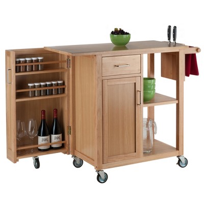 Natural Wood Kitchen Cart with Wine Rack and Storage