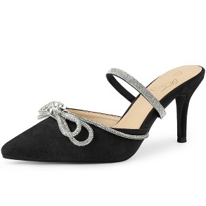 Perphy Women's Pointed Toe Solid Color Slip on Rhinestones Bow Stiletto Heel Mules - 1 of 4