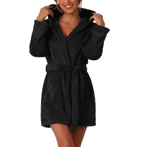 cheibear Women's Winter Fuzzy Belted Hooded Flannel Plush Bath Robe with Pockets - 1 of 4