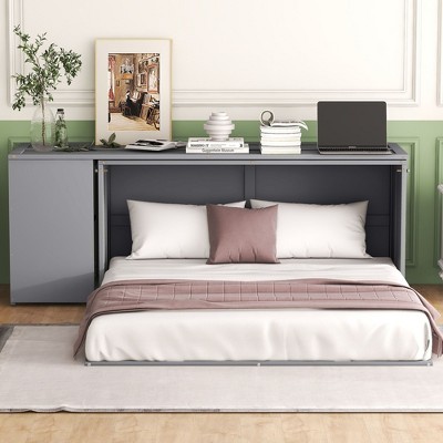 NicBex Queen Size Murphy Bed 120" L Modern Wooden Bed Frame with Rotating Desk and Shelves for Bedroom, Guest Room, No Box Spring Required, Gray